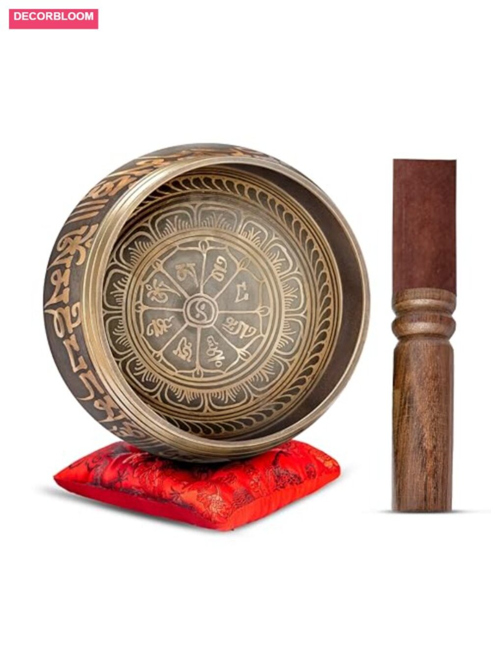 Tibetan Singing Bowl Set Handcrafted Nepal Brass Wood Meditation Yoga